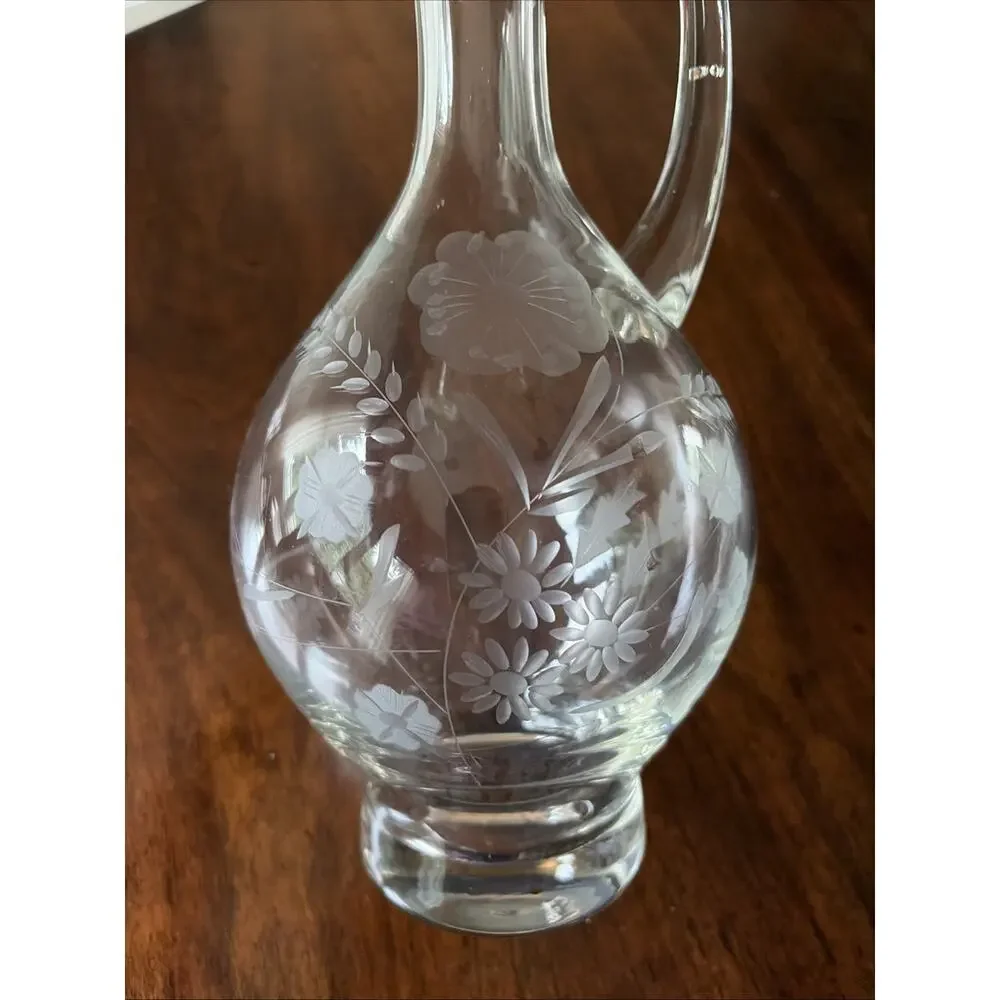 Vintage Art Glass Wine Floral Etched Decanter